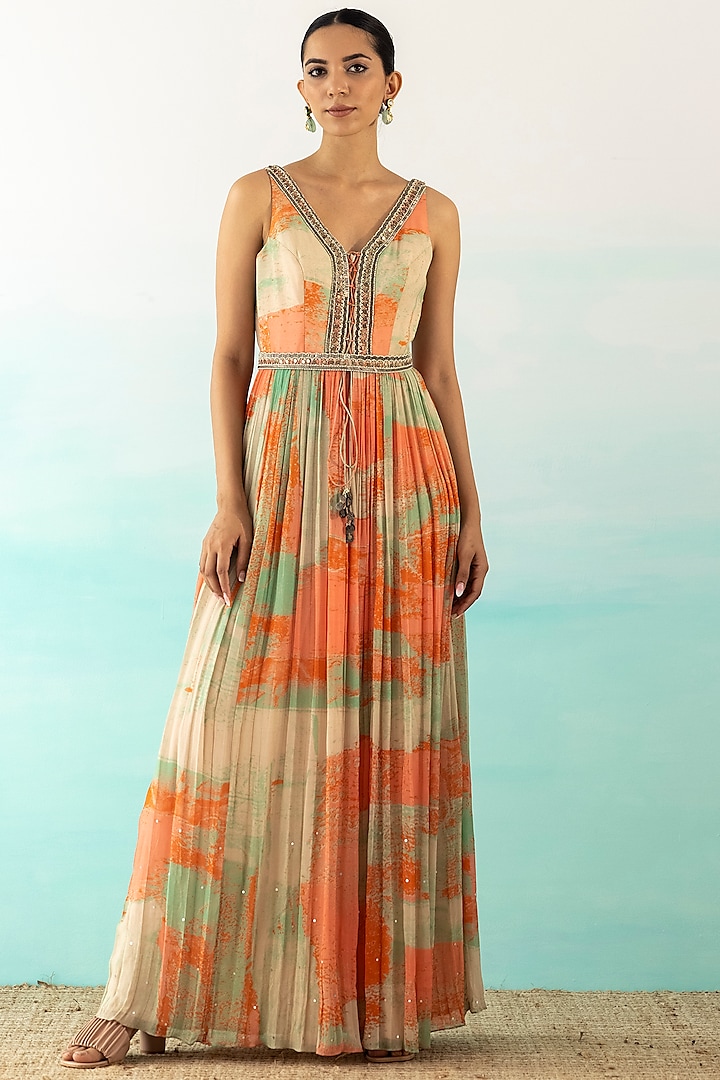 Orange Printed & Embellished Dress by Basanti - Kapde aur Koffee at Pernia's Pop Up Shop