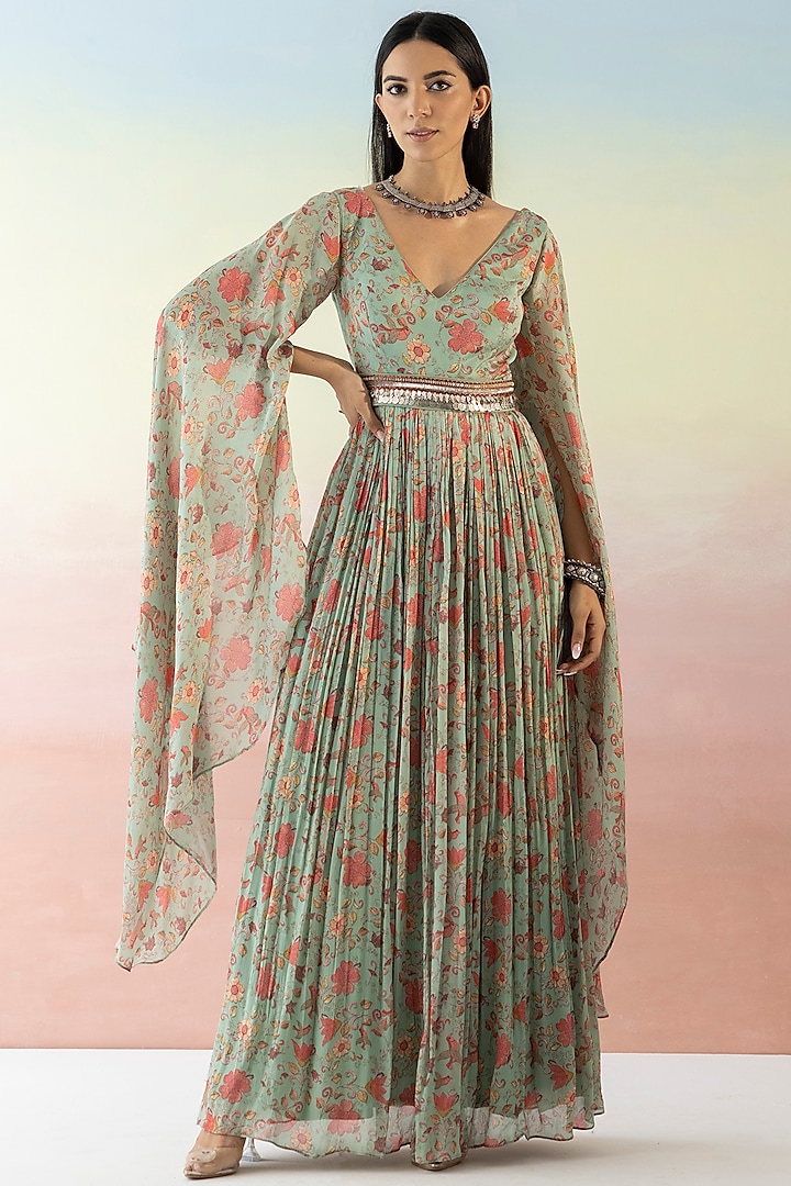 Green Floral Printed Dress With Belt by Basanti - Kapde aur Koffee