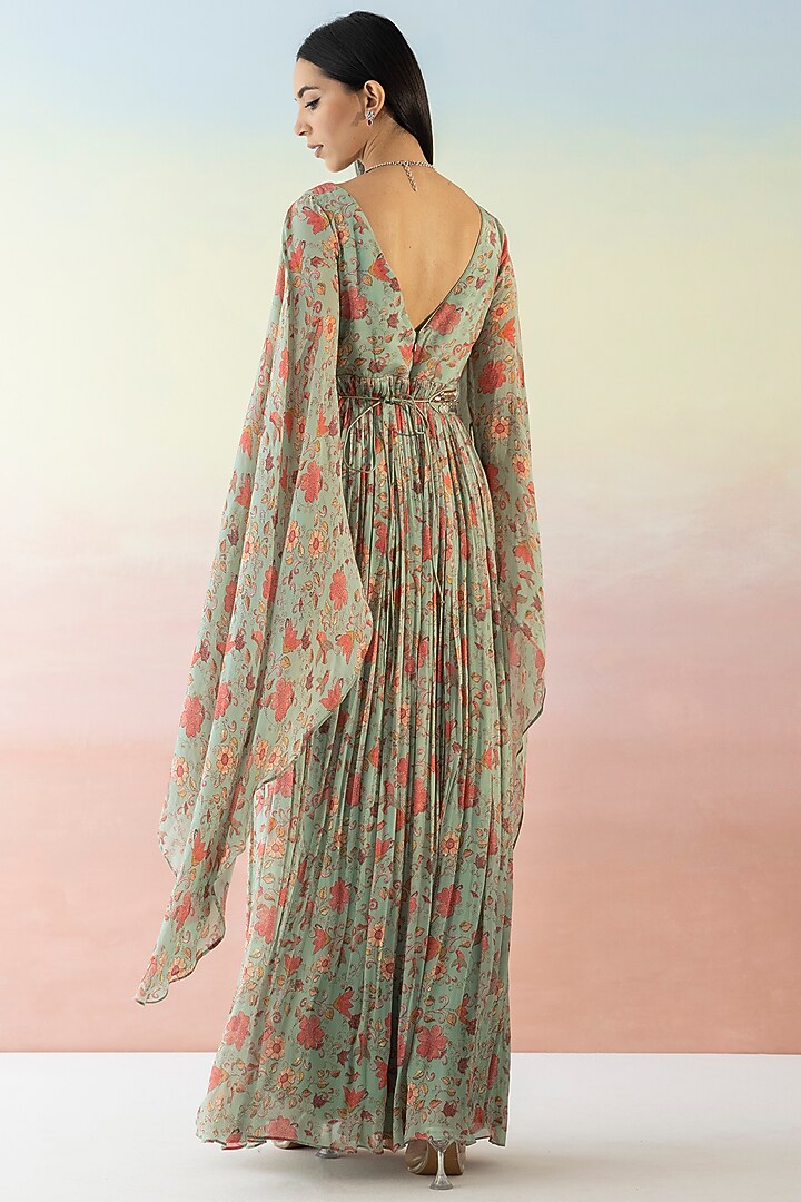 Green Floral Printed Summer Dress With Belt by Basanti - Kapde aur Koffee at Pernia's Pop Up Shop
