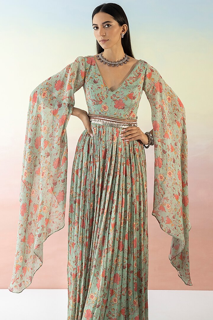 Green Floral Printed Summer Dress With Belt by Basanti - Kapde aur Koffee at Pernia's Pop Up Shop