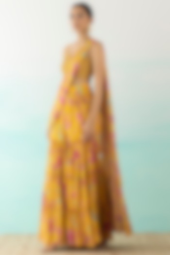 Yellow Printed Pleated Saree Set by Basanti - Kapde aur Koffee