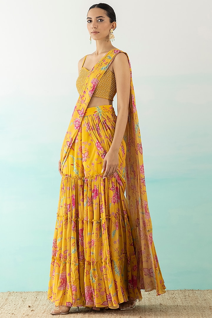 Yellow Printed Pleated Saree Set by Basanti - Kapde aur Koffee