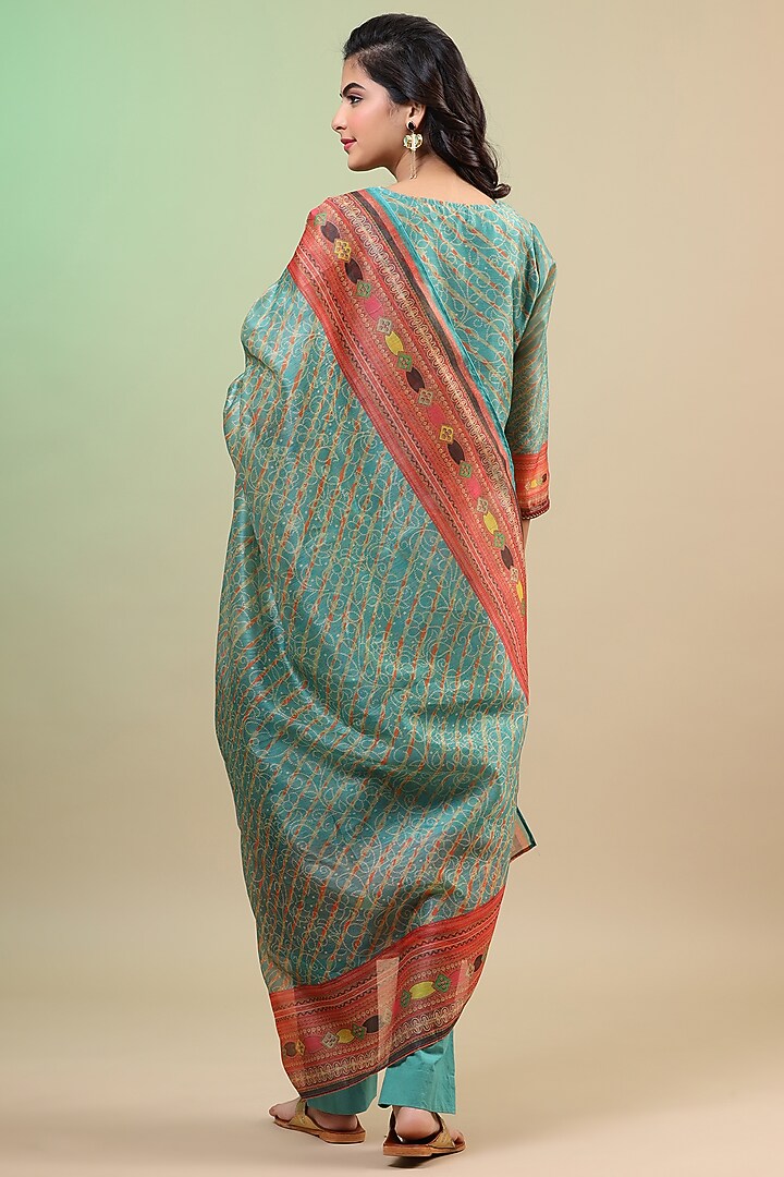 Turquoise Chanderi Embroidered Kurta Set by Bairaas at Pernia's Pop Up Shop