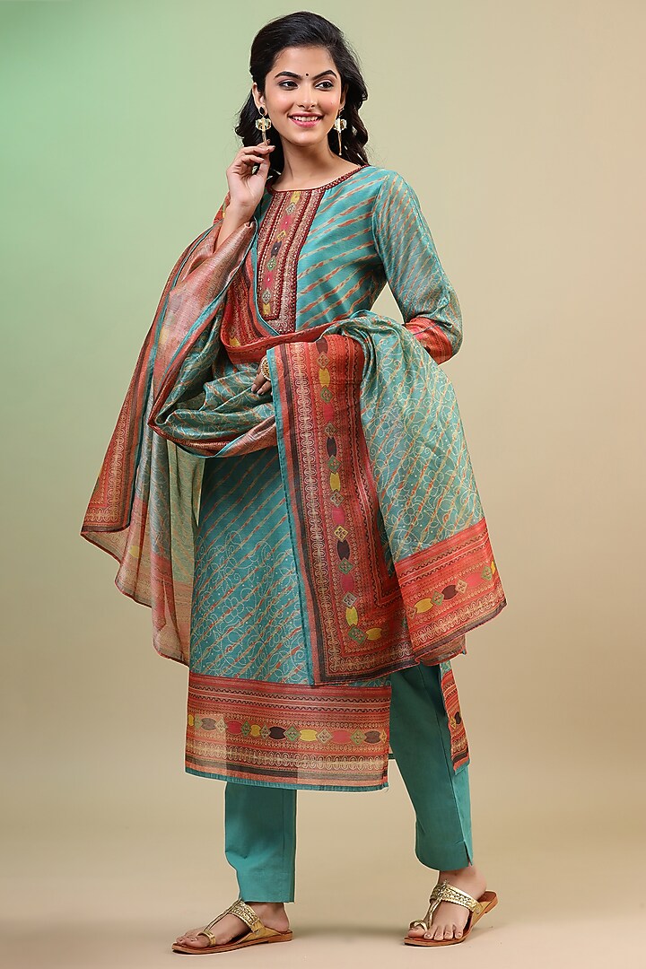 Turquoise Chanderi Embroidered Kurta Set by Bairaas at Pernia's Pop Up Shop