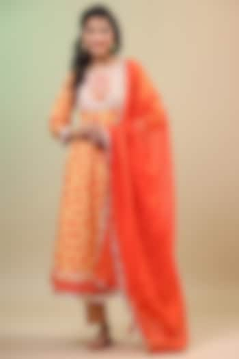 Orange Cotton Embroidered Anarkali Set by Bairaas