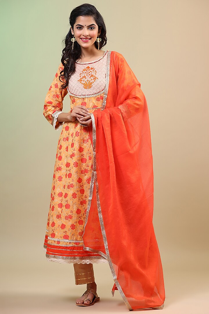 Orange Cotton Embroidered Anarkali Set by Bairaas