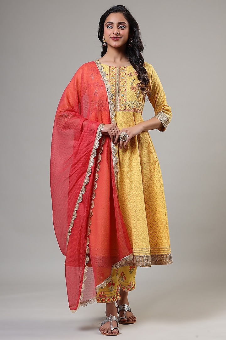 Yellow Cotton Floral Printed Anarkali Set by Bairaas