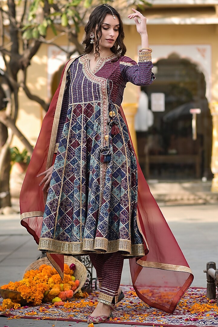 Blue Embroidered Angrakha Kurta Set by Bairaas at Pernia's Pop Up Shop