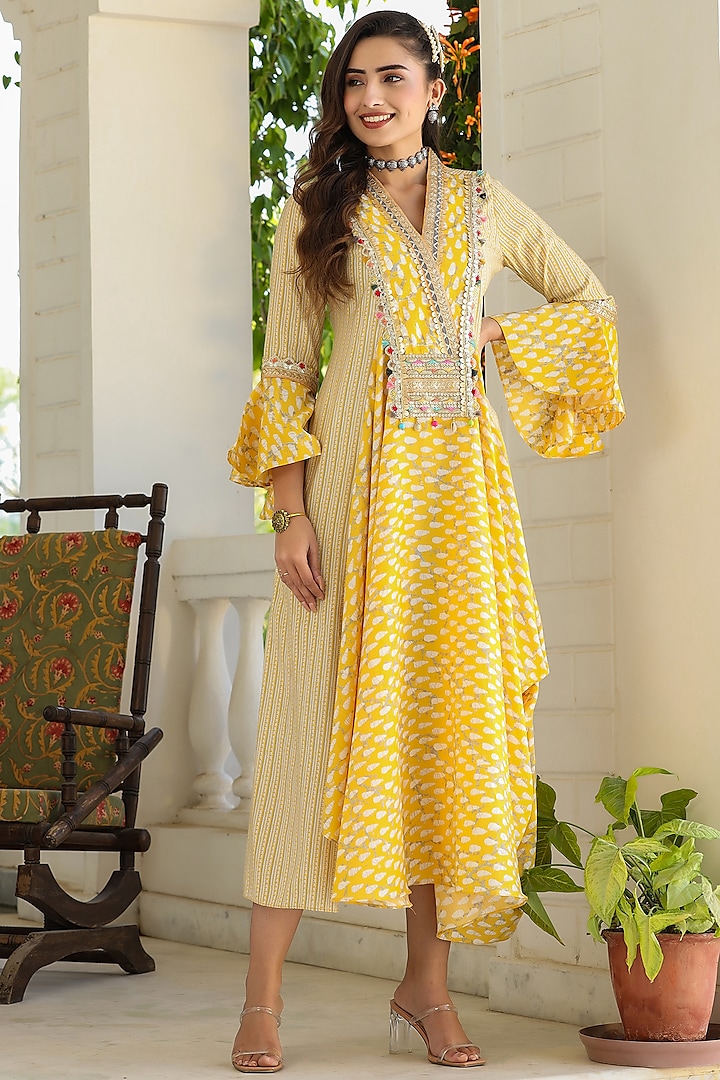 Yellow Hand Embroidered Cape Dress by Bairaas at Pernia's Pop Up Shop