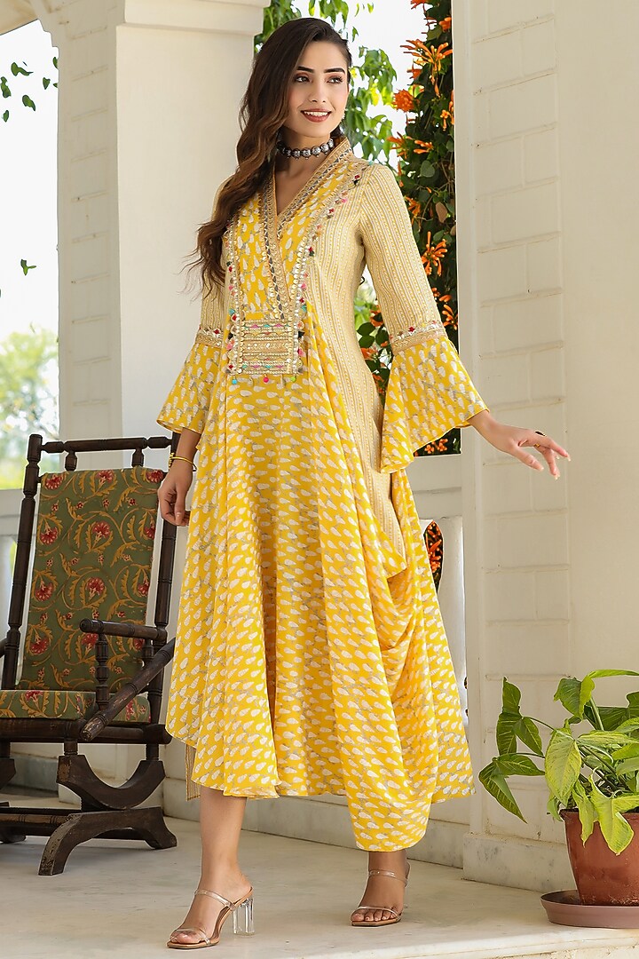 Yellow Hand Embroidered Cape Summer Dress by Bairaas at Pernia's Pop Up Shop