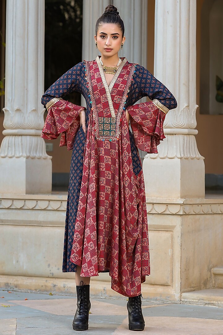 Maroon Asymmetrical Embroidered Cape Summer Dress by Bairaas at Pernia's Pop Up Shop