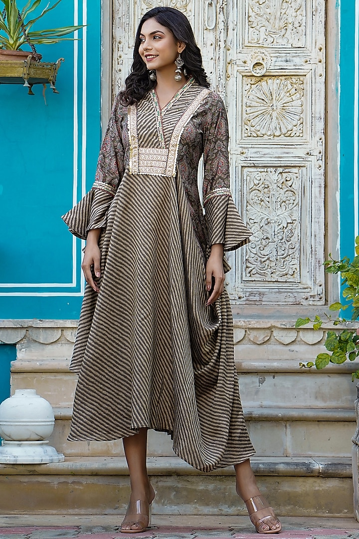 Brown Hand Embroidered Asymmetrical Cape by Bairaas
