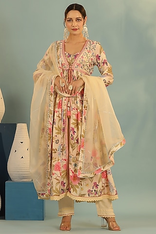 Ivory Muslin Embroidered Anarkali Set by Bairaas