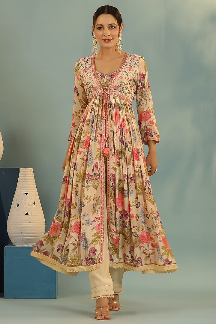 Ivory Muslin Embroidered Anarkali Set by Bairaas at Pernia's Pop Up Shop