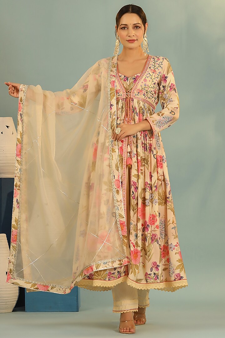 Ivory Muslin Embroidered Anarkali Set by Bairaas at Pernia's Pop Up Shop