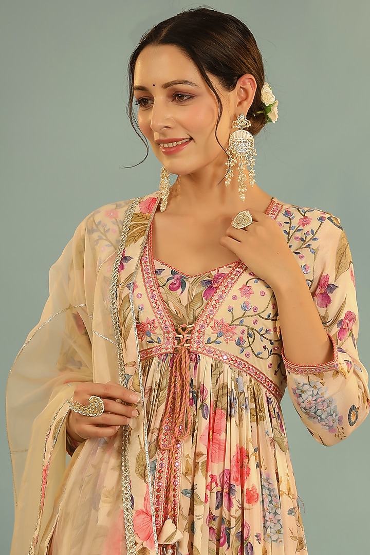 Ivory Muslin Embroidered Anarkali Set by Bairaas at Pernia's Pop Up Shop