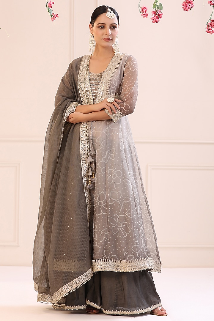 Grey Kota Doria Printed Anarkali Set by Bairaas at Pernia's Pop Up Shop