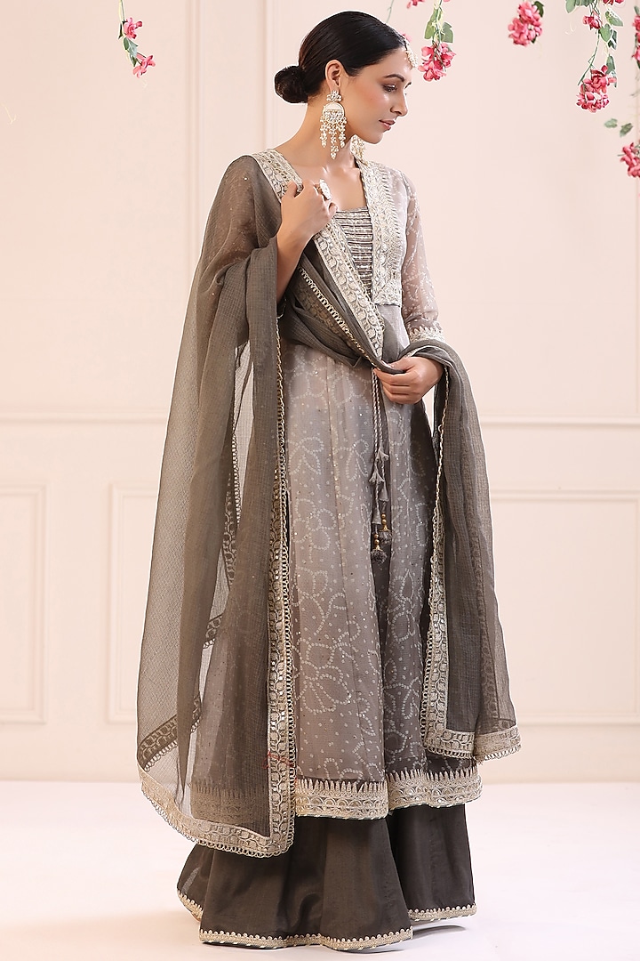Grey Kota Doria Printed Anarkali Set by Bairaas at Pernia's Pop Up Shop