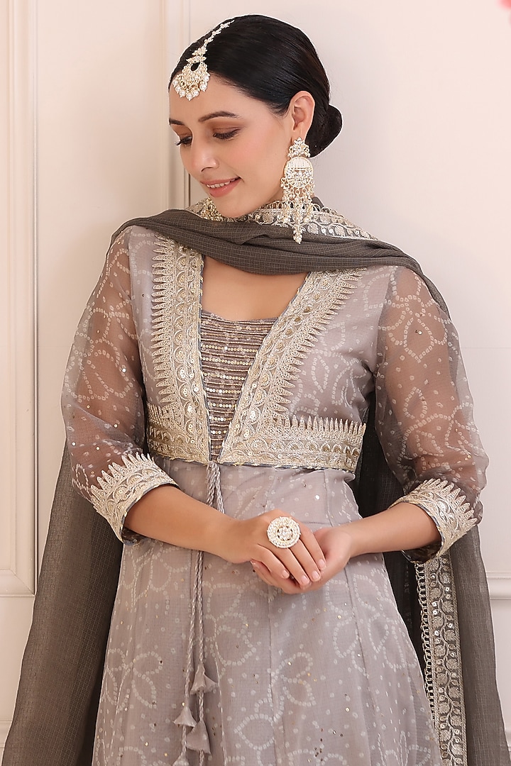 Grey Kota Doria Printed Anarkali Set by Bairaas at Pernia's Pop Up Shop