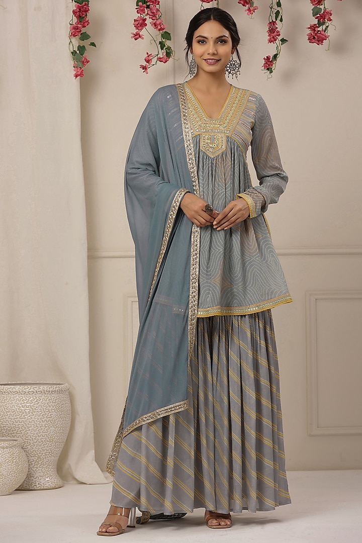 Powder Blue Chinon Embroidered Sharara Set by Bairaas at Pernia's Pop Up Shop