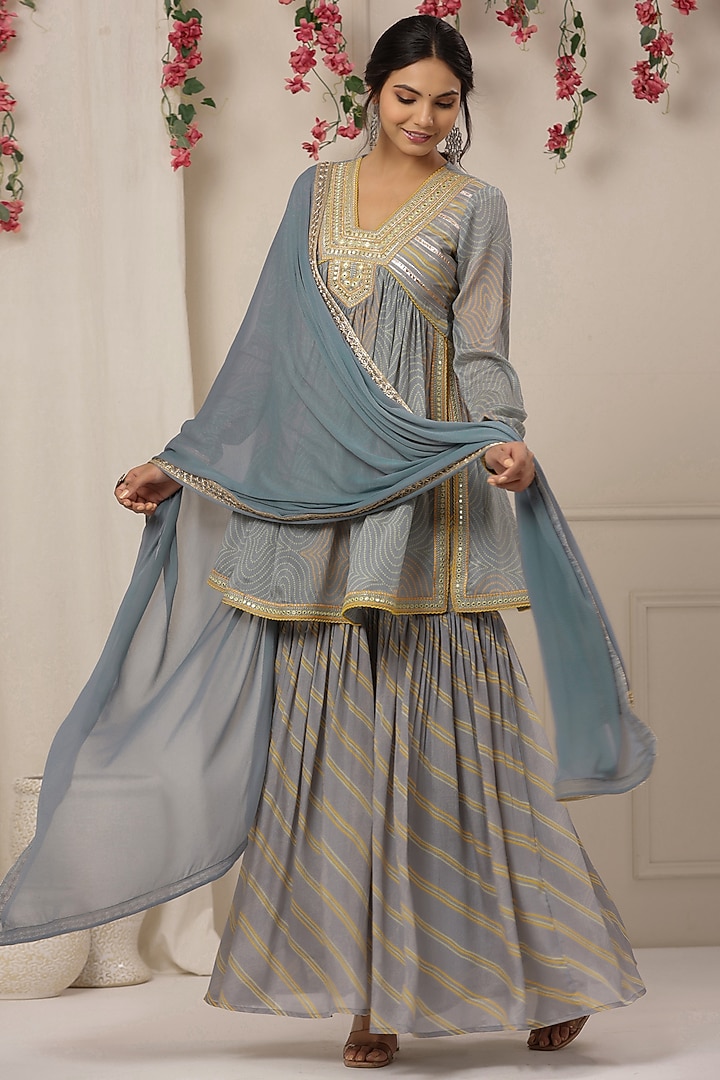 Powder Blue Chinon Embroidered Sharara Set by Bairaas at Pernia's Pop Up Shop
