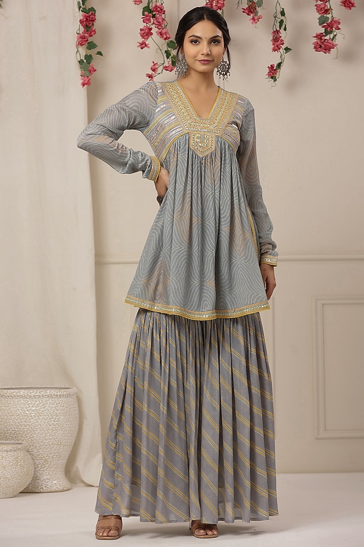 Powder Blue Chinon Embroidered Sharara Set by Bairaas at Pernia's Pop Up Shop