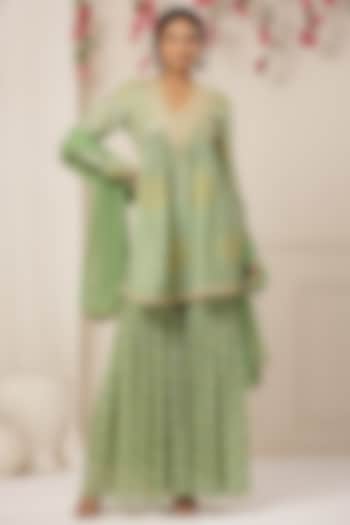 Soft Green Chinon Embroidered Sharara Set by Bairaas