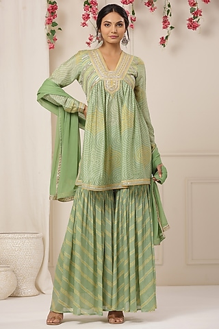 Soft Green Chinon Embroidered Sharara Set by Bairaas