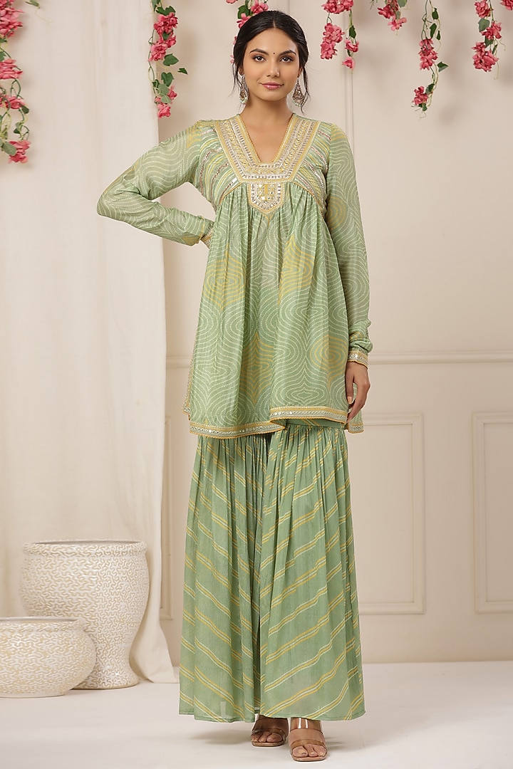 Soft Green Chinon Embroidered Sharara Set by Bairaas at Pernia's Pop Up Shop