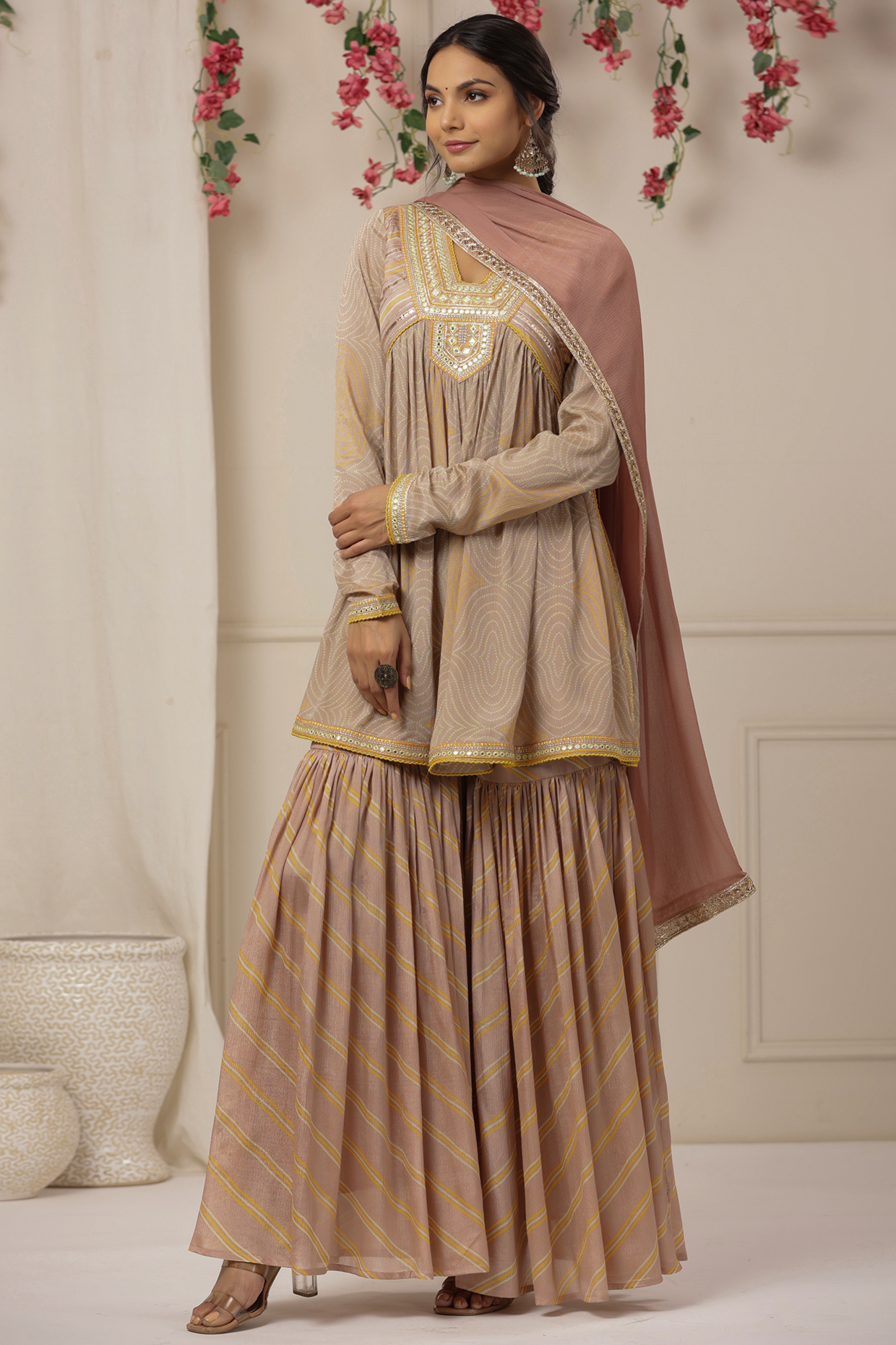 Soft Peach Chinon Embroidered Sharara Set by Bairaas