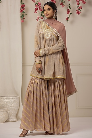 Soft Peach Chinon Embroidered Sharara Set by Bairaas