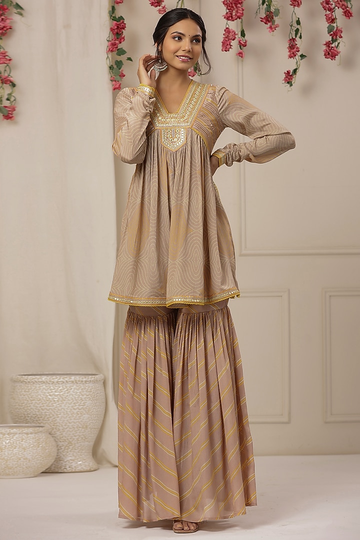 Soft Peach Chinon Embroidered Sharara Set by Bairaas at Pernia's Pop Up Shop