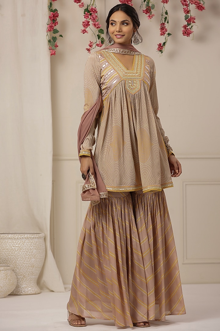 Soft Peach Chinon Embroidered Sharara Set by Bairaas at Pernia's Pop Up Shop