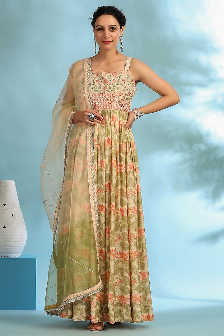 Peach Green Muslin Floral Printed Gown With Dupatta by Bairaas