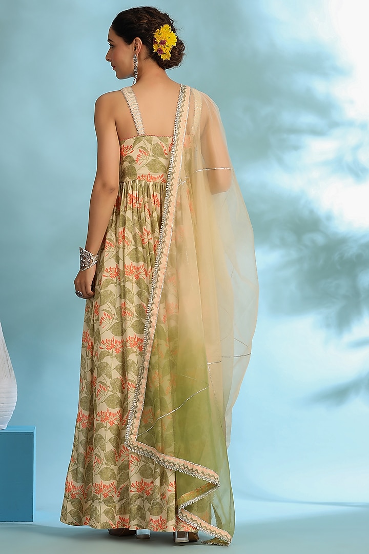 Peach Green Muslin Floral Printed Gown With Dupatta by Bairaas at Pernia's Pop Up Shop