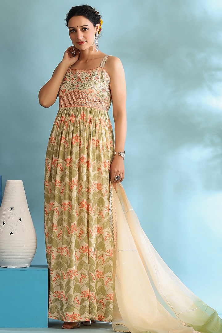 Peach Green Muslin Floral Printed Gown With Dupatta by Bairaas at Pernia's Pop Up Shop