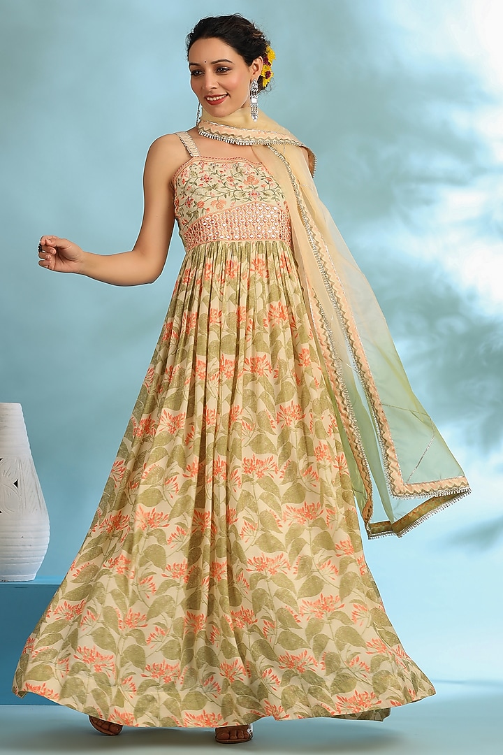 Peach Green Muslin Floral Printed Gown With Dupatta by Bairaas at Pernia's Pop Up Shop