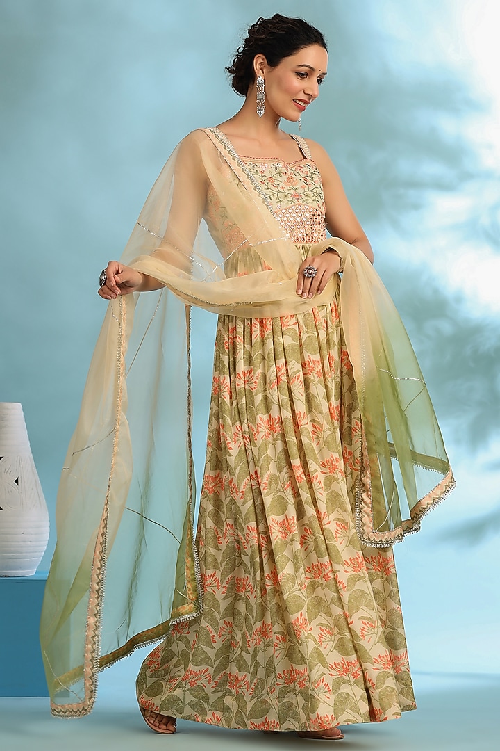 Peach Green Muslin Floral Printed Gown With Dupatta by Bairaas at Pernia's Pop Up Shop