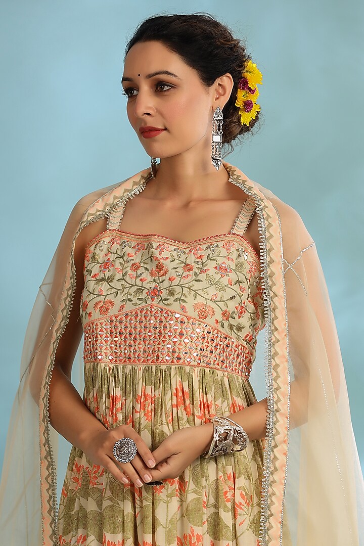 Peach Green Muslin Floral Printed Gown With Dupatta by Bairaas at Pernia's Pop Up Shop
