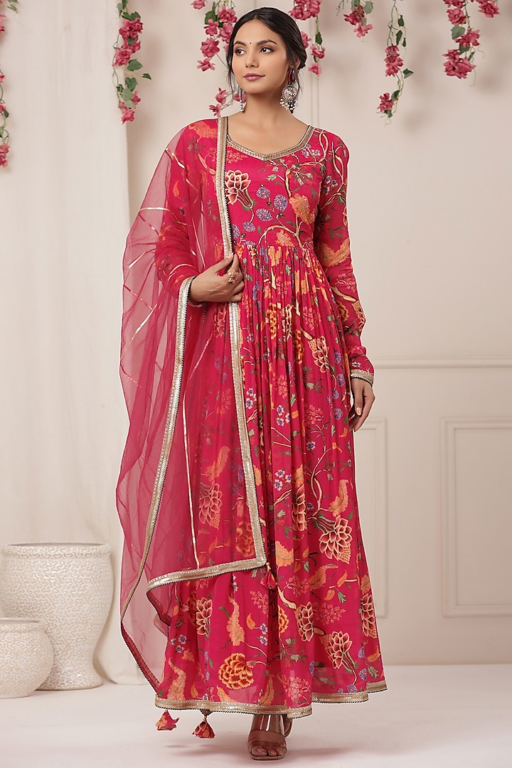 Magenta Chinon Floral Printed Gown With Dupatta by Bairaas
