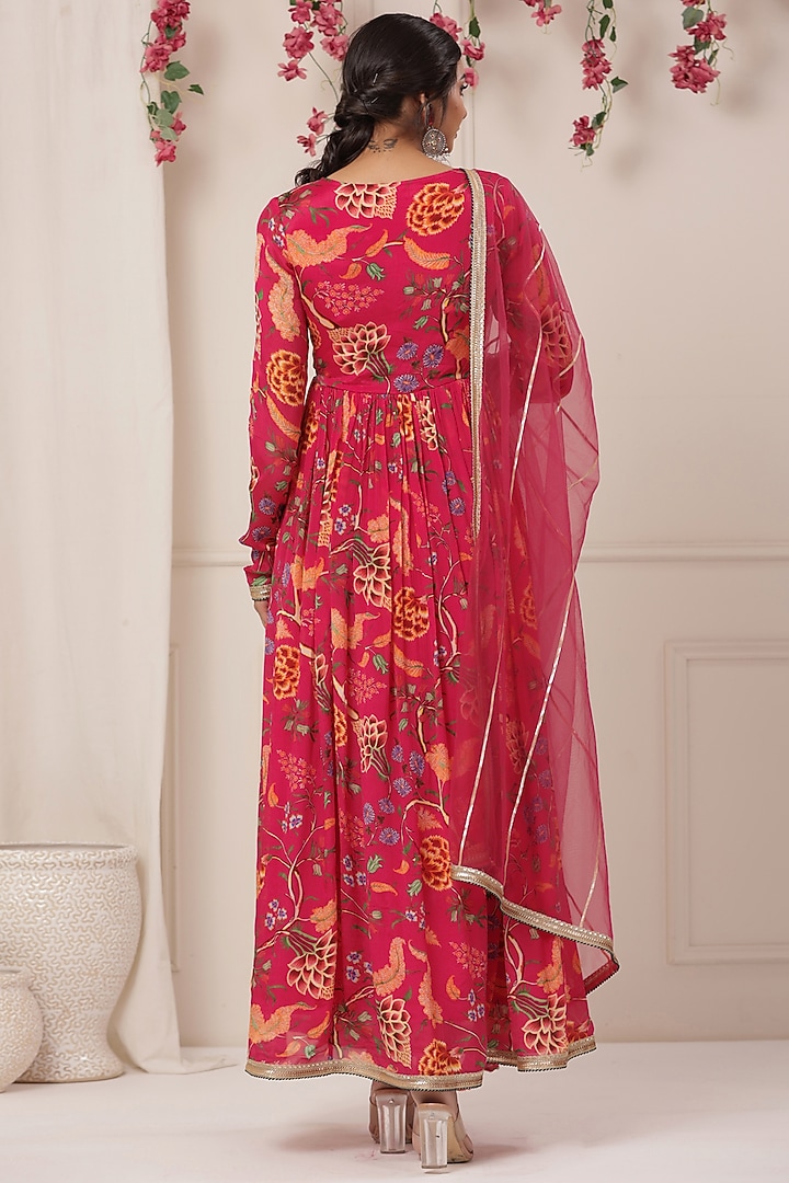 Magenta Chinon Floral Printed Gown With Dupatta by Bairaas at Pernia's Pop Up Shop