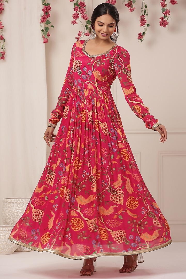 Magenta Chinon Floral Printed Gown With Dupatta by Bairaas at Pernia's Pop Up Shop