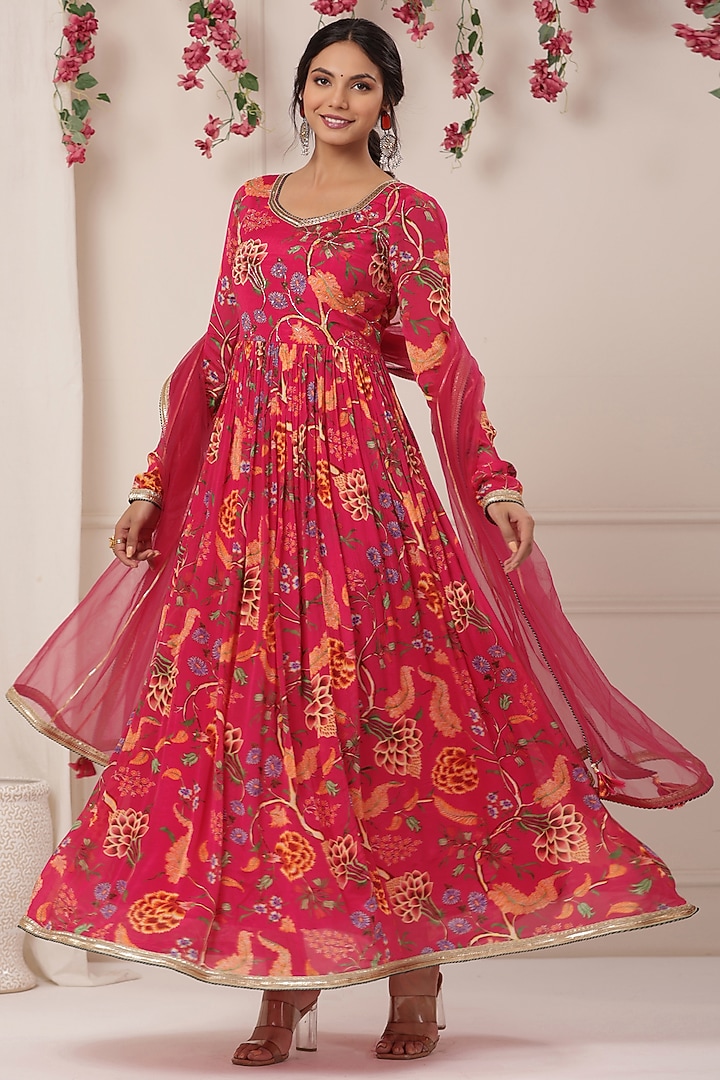 Magenta Chinon Floral Printed Gown With Dupatta by Bairaas at Pernia's Pop Up Shop