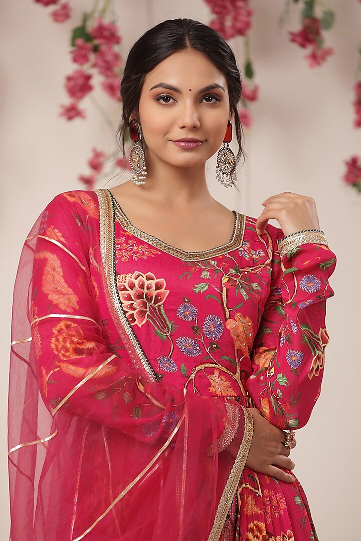 Magenta Chinon Floral Printed Gown With Dupatta by Bairaas at Pernia's Pop Up Shop
