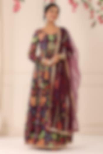 Purple Chinon Floral Printed Gown With Dupatta by Bairaas