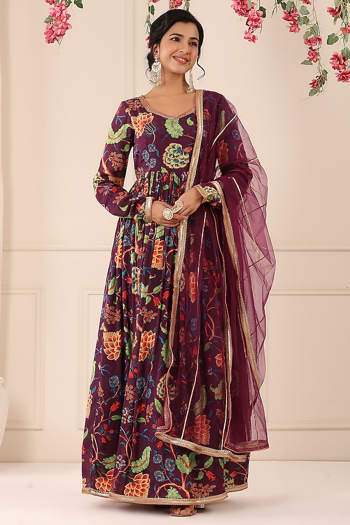 Purple Chinon Floral Printed Gown With Dupatta by Bairaas