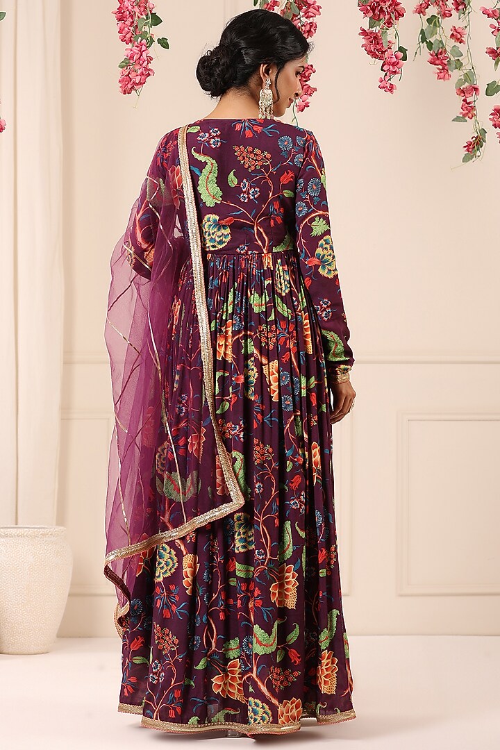 Purple Chinon Floral Printed Gown With Dupatta by Bairaas at Pernia's Pop Up Shop