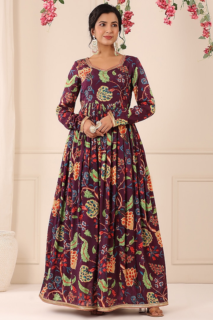 Purple Chinon Floral Printed Gown With Dupatta by Bairaas at Pernia's Pop Up Shop