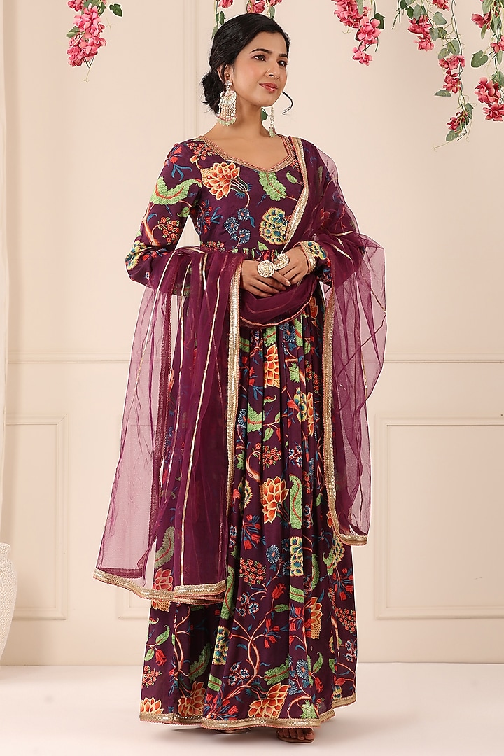 Purple Chinon Floral Printed Gown With Dupatta by Bairaas at Pernia's Pop Up Shop
