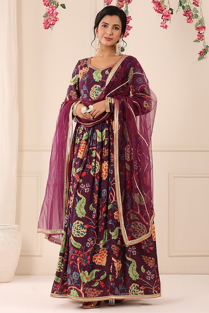 Purple Chinon Floral Printed Gown With Dupatta by Bairaas at Pernia's Pop Up Shop